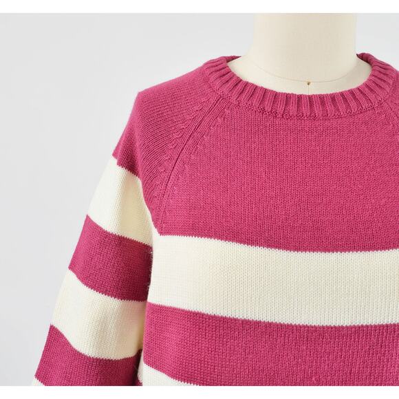 Vintage 80s Striped White Raspberry Acrylic Raglan Sleeve Sweater with Pocket - Picture 7 of 8